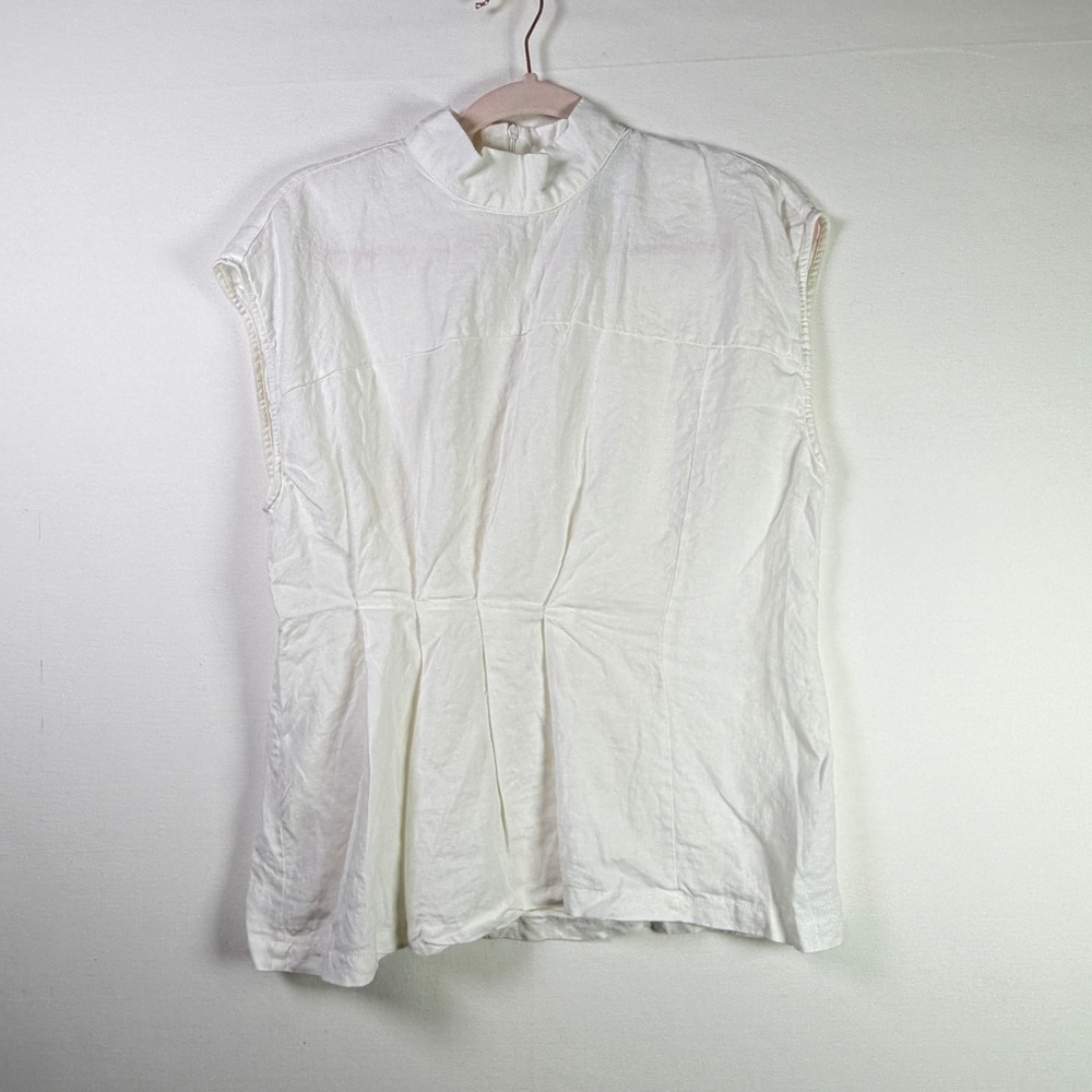 ZARA White 100% Linen Mock Neck Pleated Sleeveless Blouse Size M
